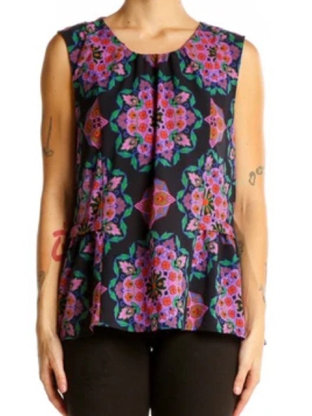 J. Crew Black Camisole with Purple & Pink Floral Medallions